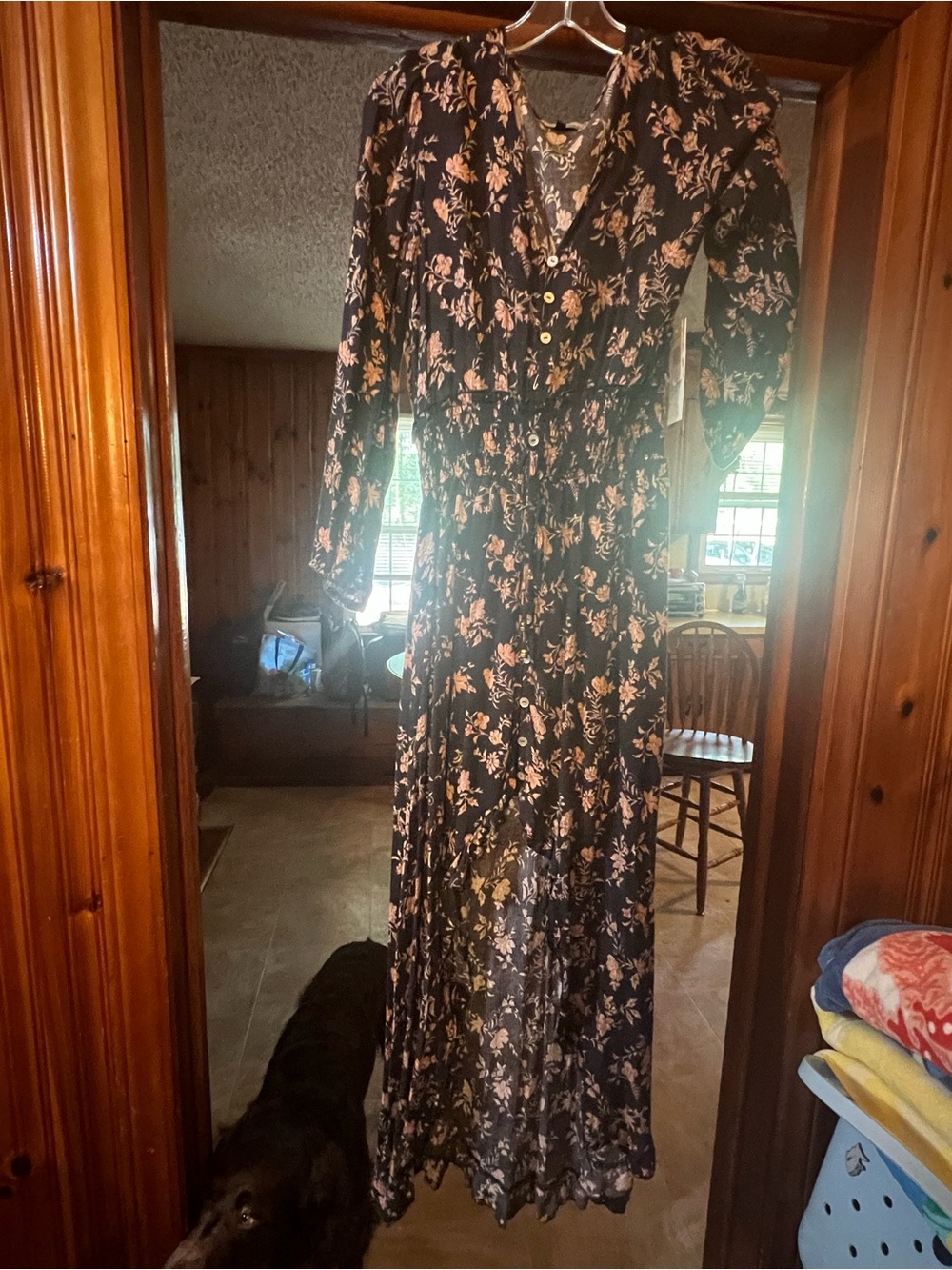 Black Floral Maxi Dress with Pink Print - Women's Long Sleeve V-Neck